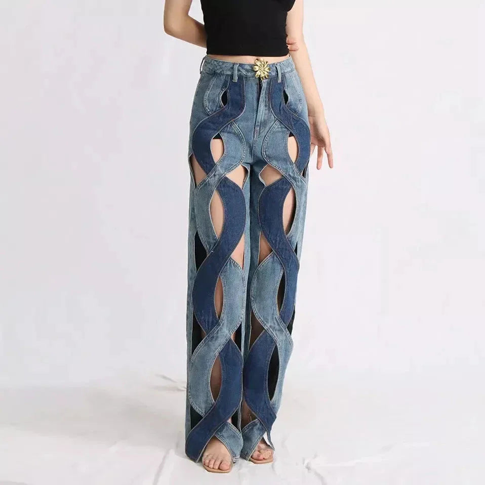 Stylish high-waist floral jeans with distressed detailing, perfect for the modern Kiwi woman's wardrobe.