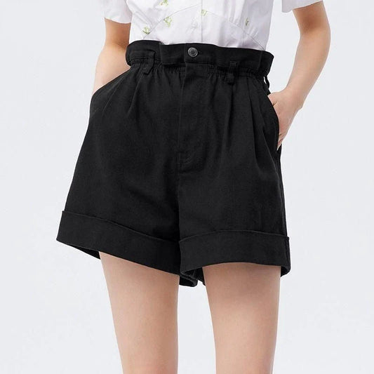 A pair of high-waisted, loose A-line casual shorts in a black colour, featuring a comfortable and flattering design for Kiwi women.