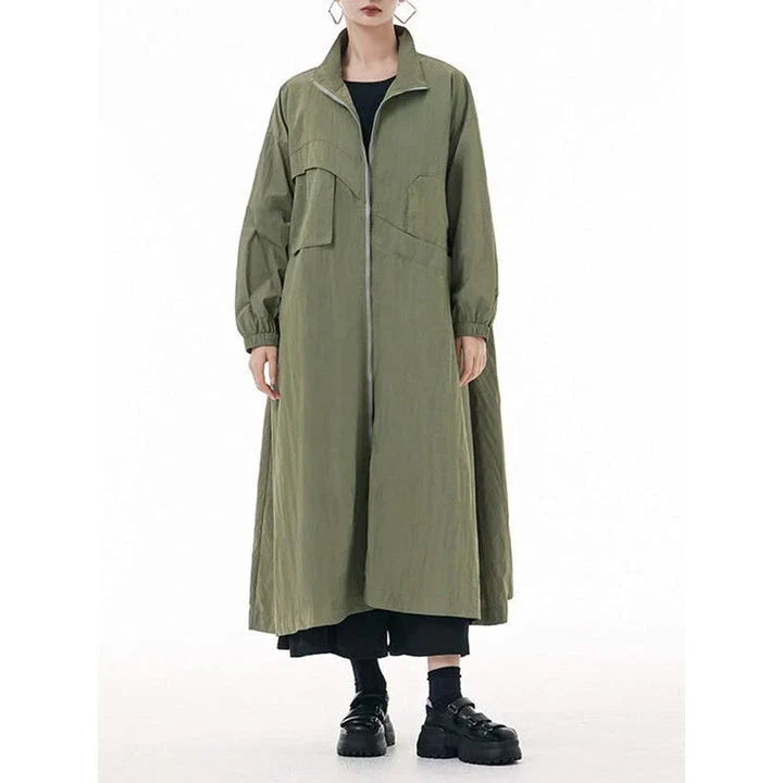 Stylish Army Green Trench Coat with Mandarin Collar, Zipper Closure, and Functional Pockets for Kiwi Fashionistas