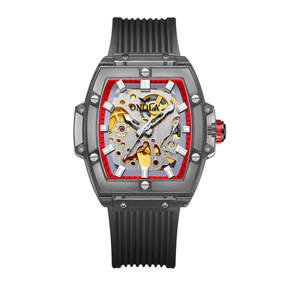 Trendha Skeleton Automatic Watch with Silicone Strap in Transparent White and Red