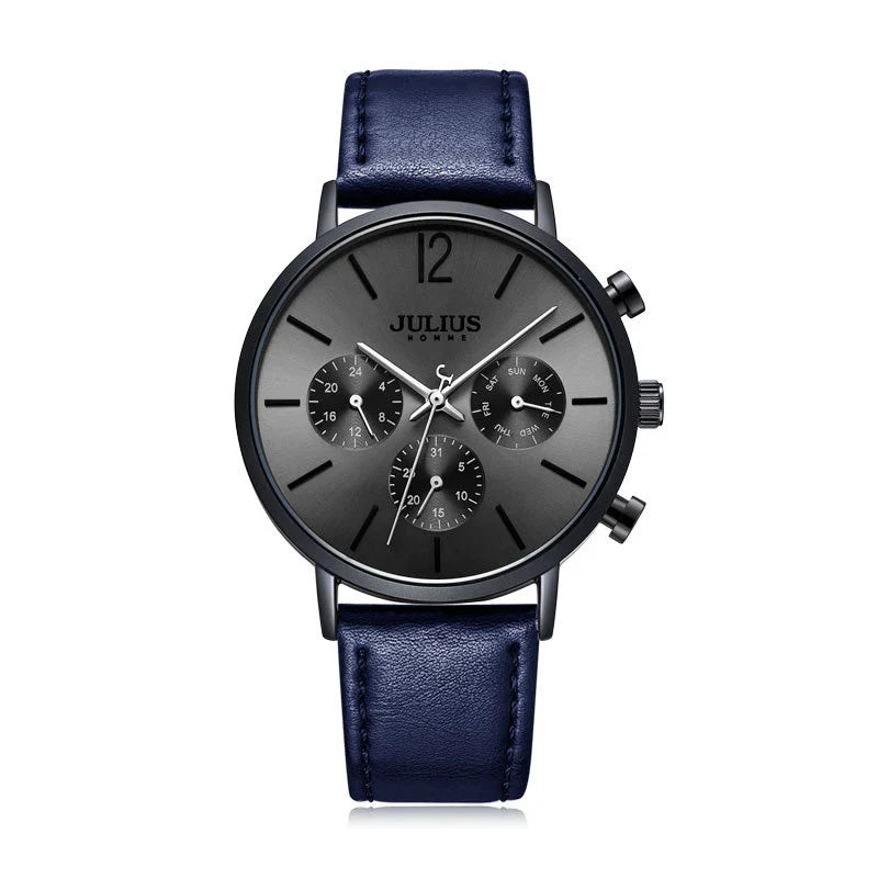 Stylish Multi-Function Quartz Waterproof Watch with a sleek design, durable mineral-reinforced glass, and comfortable leather strap