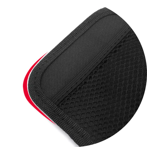 A compact black mesh net storage pouch with 3M adhesive backing for customizable placement in a vehicle