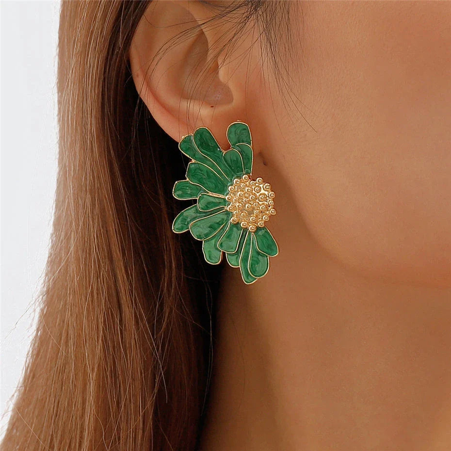 Vibrant Boho Chic Flower Petal Stud Earrings in a variety of colours, including green, blue, purple, and pink