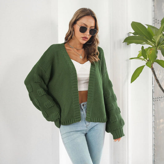 Stylish puff sleeve cardigan in army green and wheat yellow, made from soft, cosy acrylic knit material