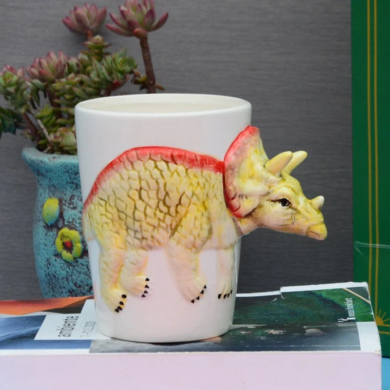 Unique 3D Ceramic Dinosaur Mugs in Tyrannosaurus, Stegosaurus, Triceratops, and Helmet designs - Premium porcelain construction with hand-painted details