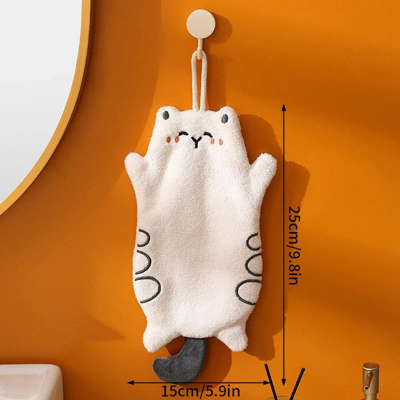 Adorable Kawaii hand towel with a playful cat design, made from premium coral velvet and featuring a convenient hanging lanyard