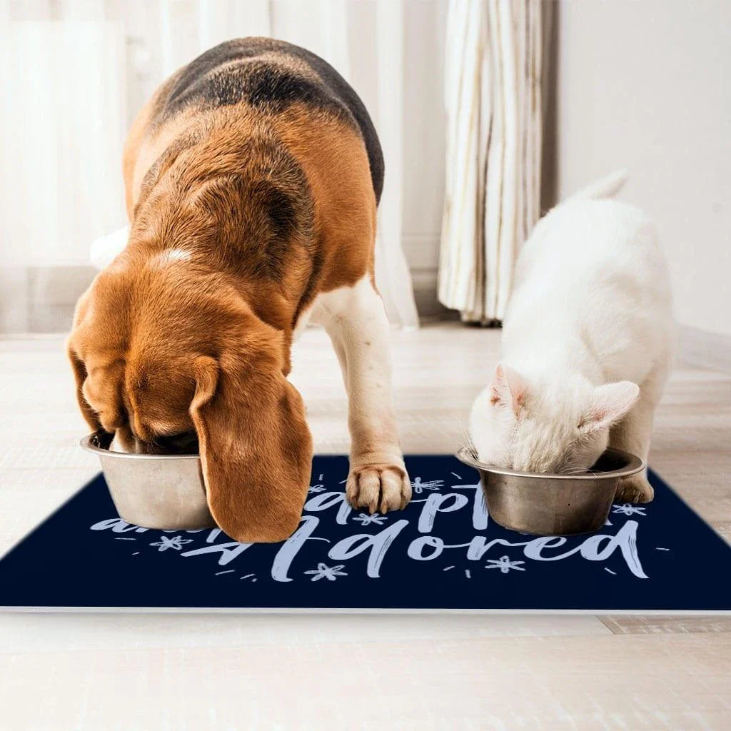 Trendy pet feeding mat made of durable polyester with anti-slip rubber backing to prevent spills and messes