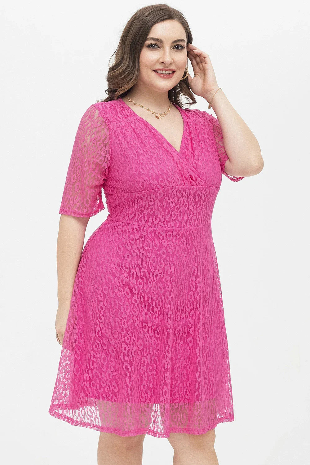 Stylish relaxed-fit v-neck lace dress in rose red color, featuring a flattering A-line silhouette and premium polyester fabric