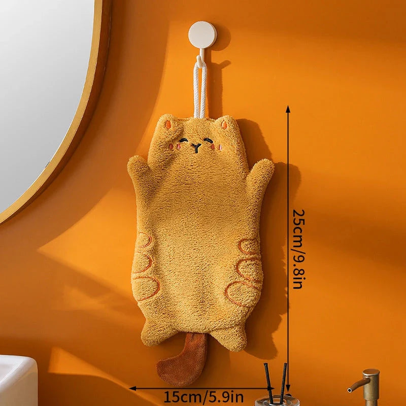 Adorable Kawaii hand towel with a playful cat design, made from premium coral velvet and featuring a convenient hanging lanyard