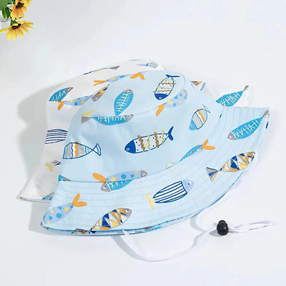 Adorable cartoon-printed cotton baby sun hat with adjustable drawstring for secure fit and wide brim for UV protection