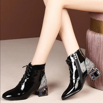 Stylish patent leather heels with rhinestone embellishments, suitable for a range of occasions in New Zealand