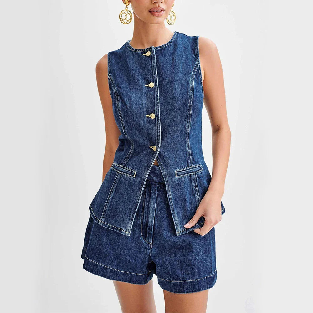 Stylish denim vest and high-waisted shorts set in a contemporary Kiwi-inspired design, perfect for summer fashion