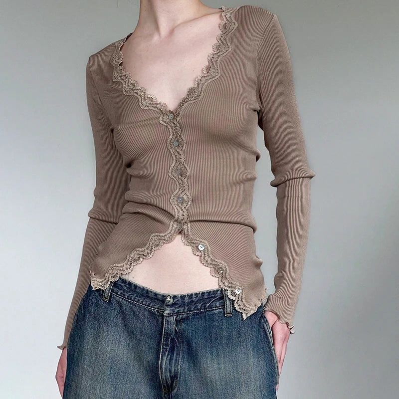Stylish khaki ribbed long sleeve t-shirt with lace detailing for a sophisticated and comfortable look