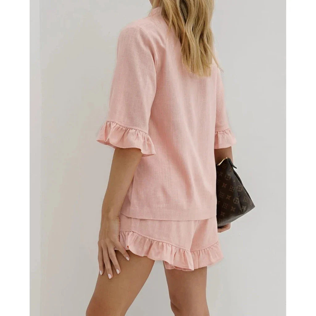 Elegant Summer Cotton 2-Piece Set in Pink, featuring a half-sleeve shirt and high-waist ruffle shorts