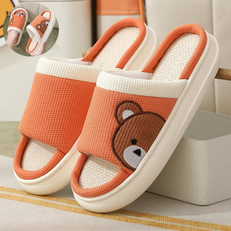 Cozy cartoon bear linen slippers with non-slip soles, perfect for indoor Kiwi comfort