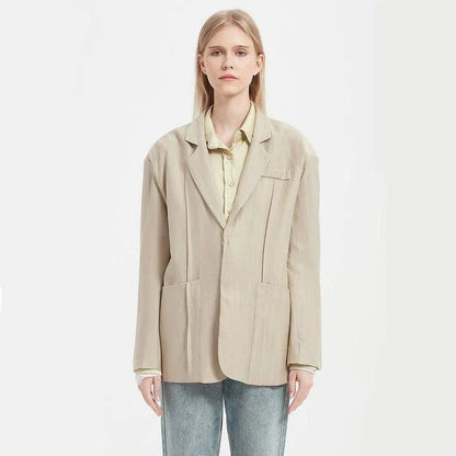 Timeless khaki blazer for Kiwi women, featuring a minimalist yet chic design for any occasion.