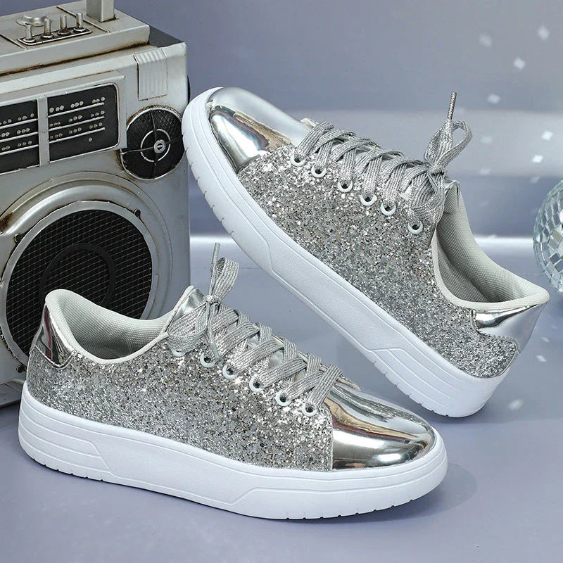 Stylish sequin sneakers for Kiwi women with thick soles and trendy lace-up design, available in various vibrant colours