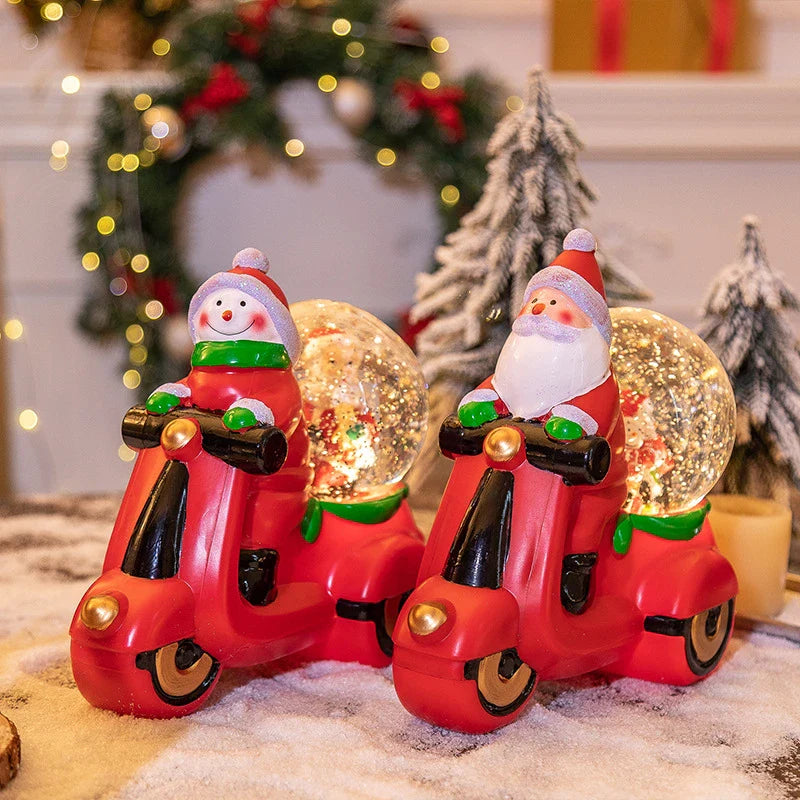 Festive music box Christmas decorations with motorcycle and snowman designs, perfect for adding Kiwiana charm to your holiday decor