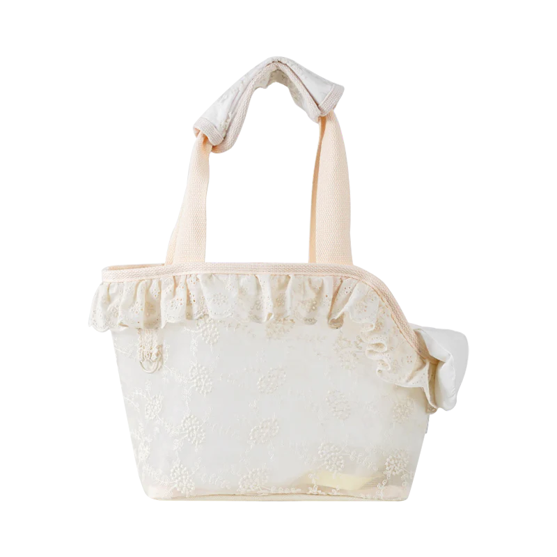 Stylish and comfortable puppy carrier bag made of lightweight nylon with a floral lace design, perfect for carrying small dogs on summer outings.