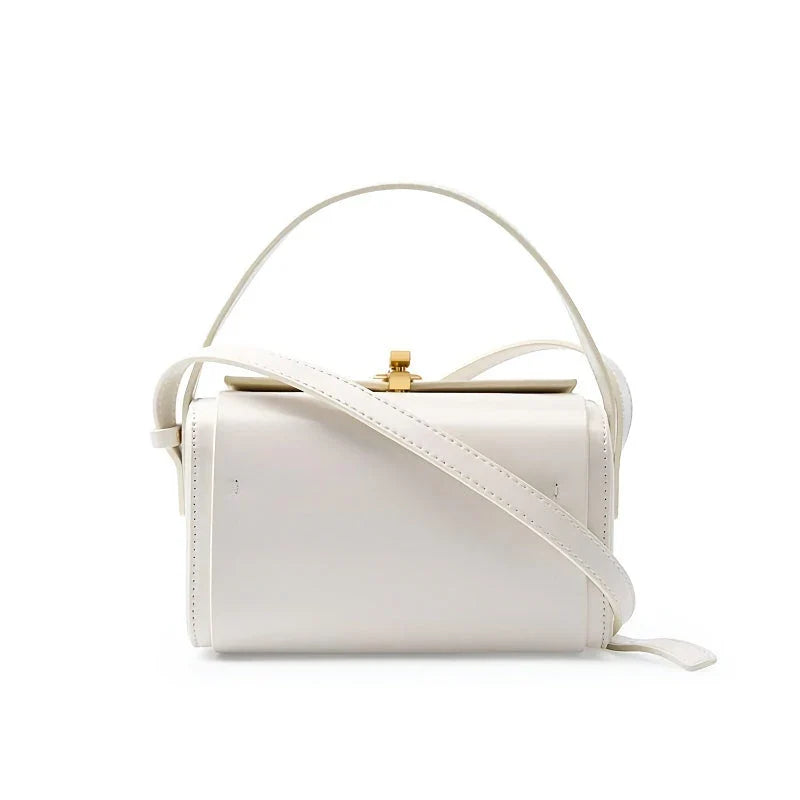 Timeless genuine leather small square shoulder bag in various colors - black, milk apricot, gray blue, and beige