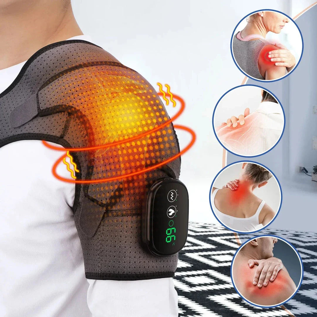 3-Level Heated Vibrating Shoulder Massager for Pain Relief and Rehabilitation, featuring heat therapy, magnetic therapy, and vibration massage functions.