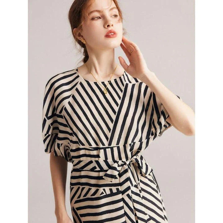 Elegant striped dress made from luxurious Mulberry silk with batwing sleeves, perfect for Kiwi women's fashion.