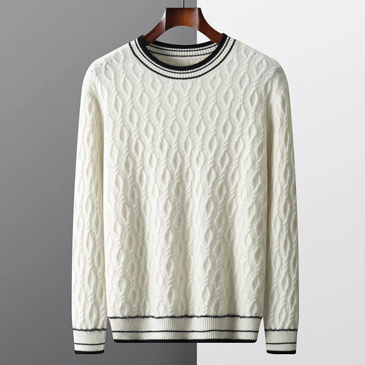 Cozy colorblock sweater in white and navy, featuring a round neck and thickened wool-blend fabric for premium winter warmth and style.