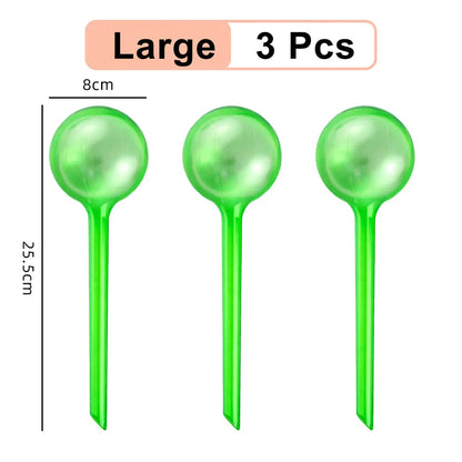 3 transparent auto-watering plant bulbs in different sizes, designed to keep indoor and outdoor plants hydrated and healthy