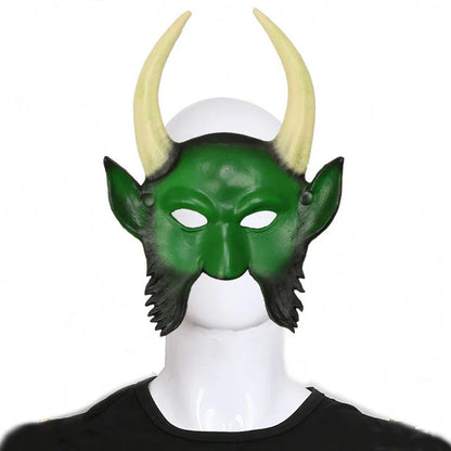 A terrifying Halloween mask with twisted horns and jagged fangs, crafted from premium acrylic materials