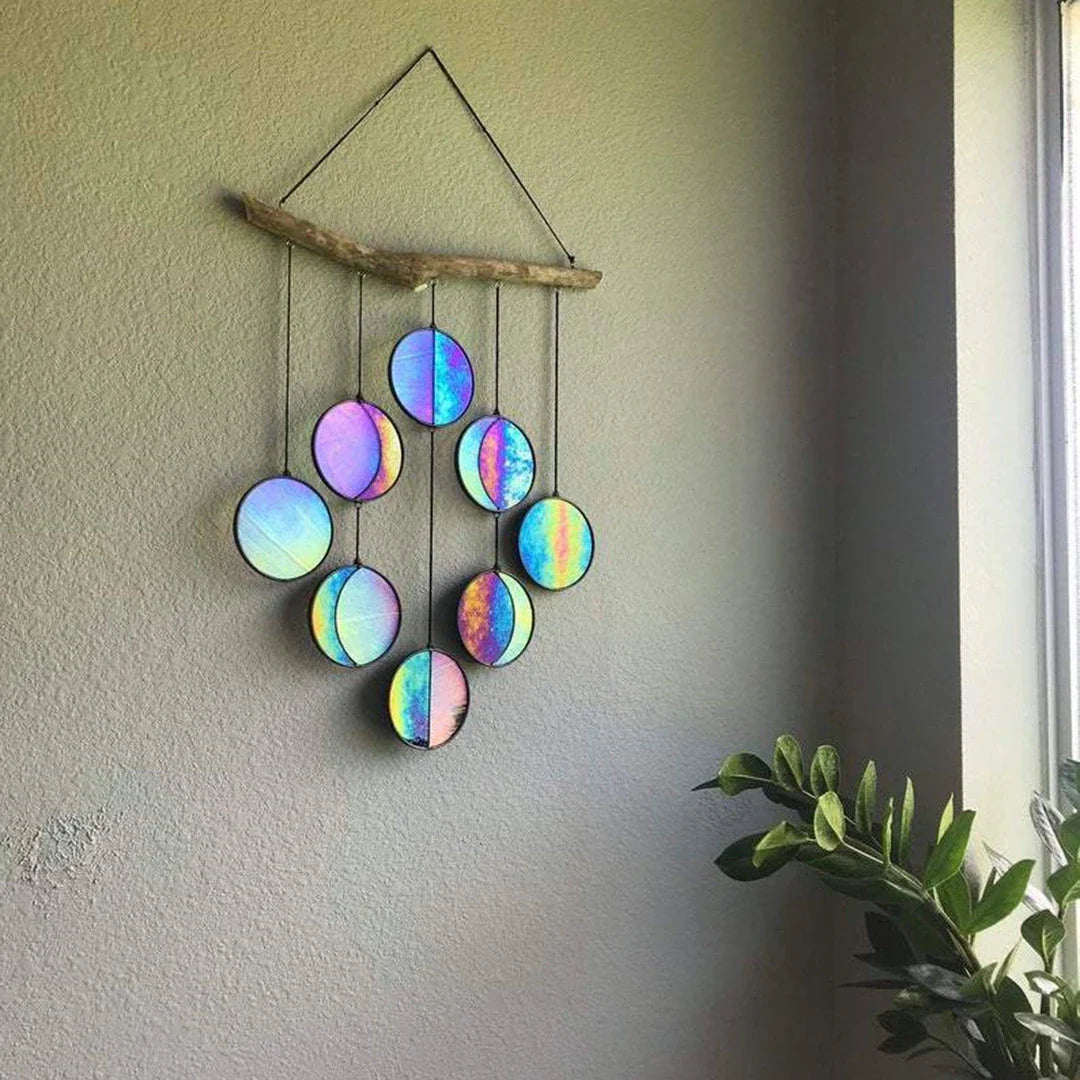 Visually captivating hanging decor with boho moon, rainbow, and mirror design