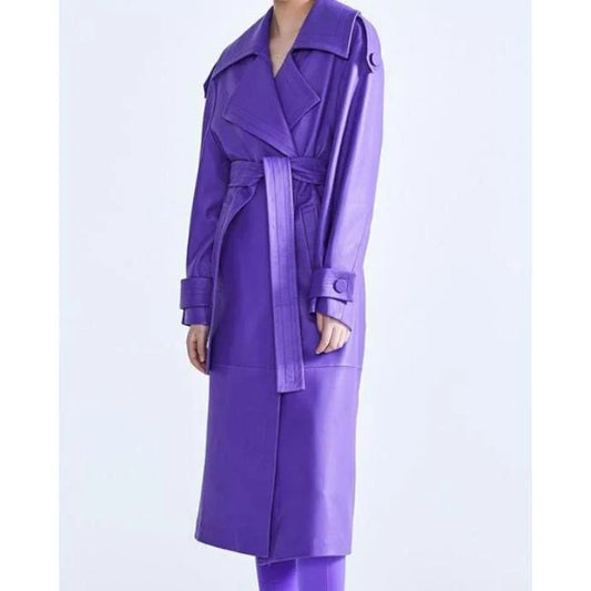 Elegant purple faux leather trench coat with turn-down collar, adjustable waist, and functional pockets - a stylish and practical outerwear option for Kiwi women.