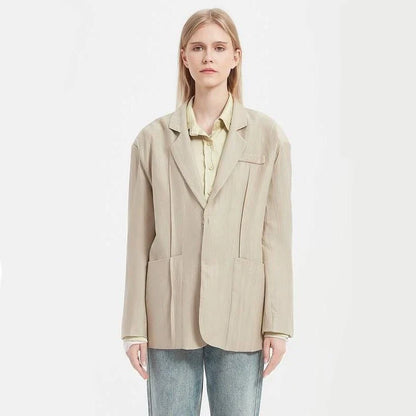 Timeless khaki blazer for Kiwi women, featuring a minimalist yet chic design for any occasion.