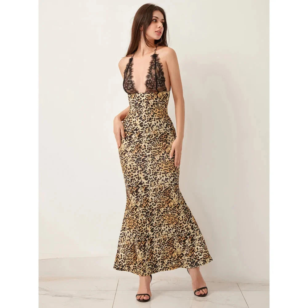 Stylish leopard-print lace maxi dress with a flattering halter neckline, natural waistline, and backless design