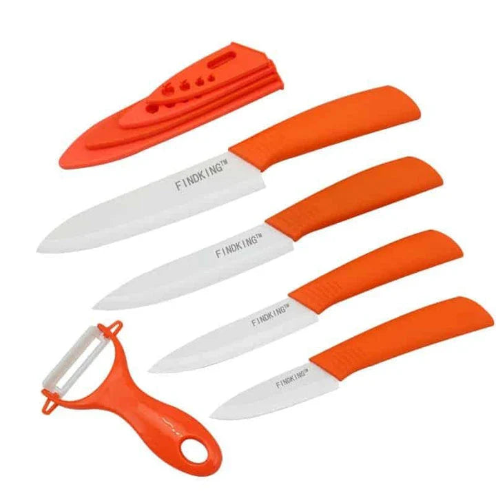 Set of premium ceramic knives with vibrant, colourful handles for a modern Kiwi kitchen