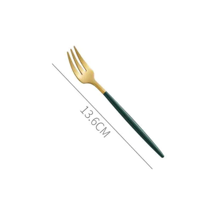 A set of eco-friendly, minimalist tableware in green and gold colors, suitable for 4 diners in a New Zealand home.