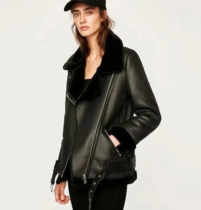 Stylish and versatile women's PU leather jacket in black, featuring a straight-cut silhouette and long sleeves