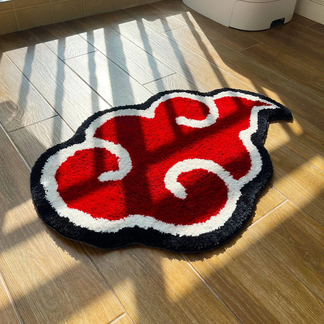 Vibrant red cloud anime-inspired tufted doormat with a soft, comfortable acrylic material and anti-slip backing