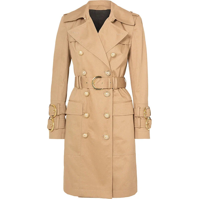 A stylish double-breasted trench coat with a belted waist, made from a cotton-polyester blend for durability and comfort.