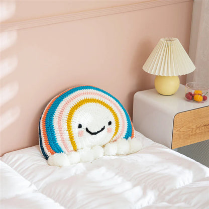 Cozy Cartoon Sunflower Cushion with Vibrant Rainbow Design and Cheerful Pompom Accents