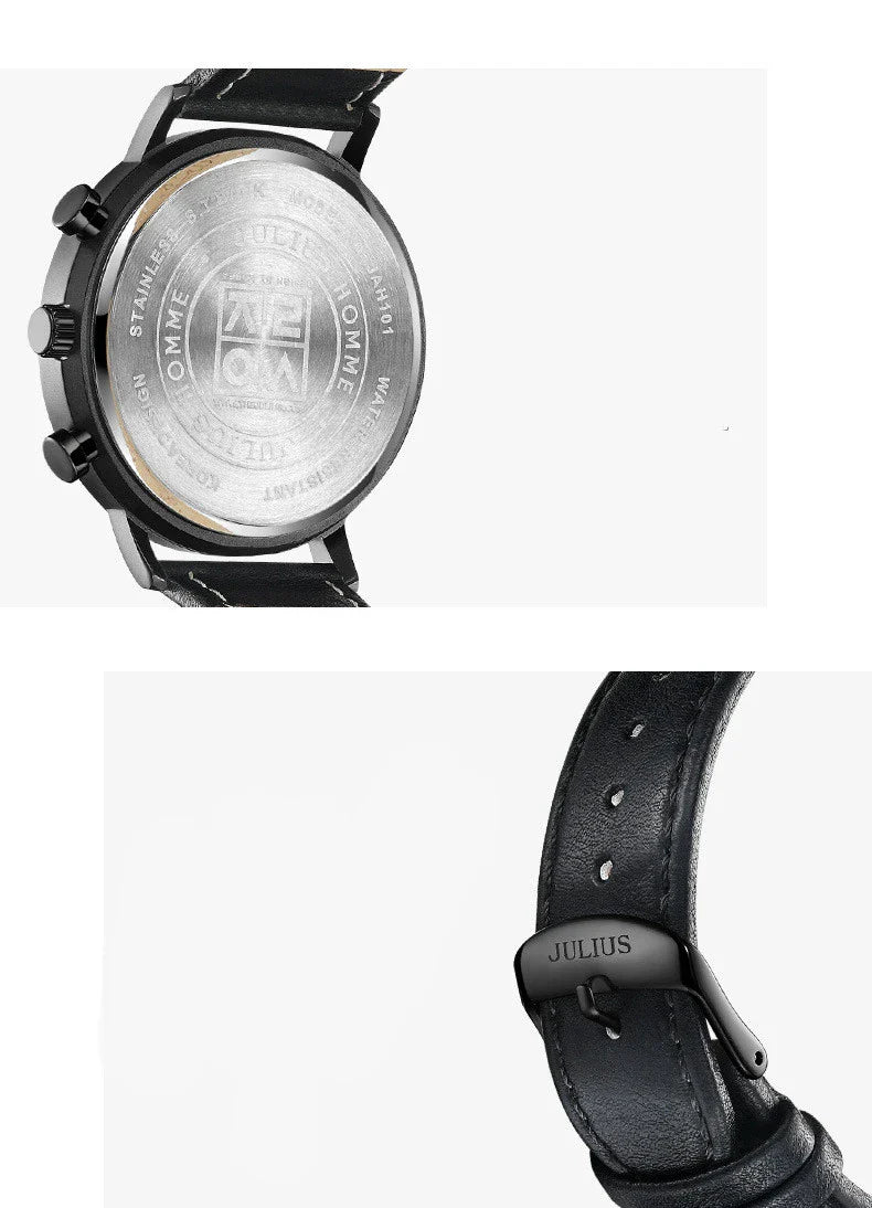 Stylish Multi-Function Quartz Waterproof Watch with a sleek design, durable mineral-reinforced glass, and comfortable leather strap