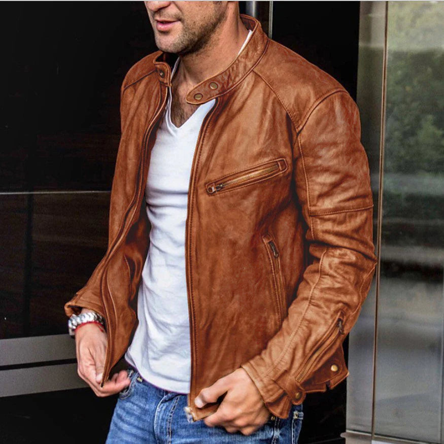 Stylish men's PU leather jacket with stand collar, designed for the active Kiwi lifestyle