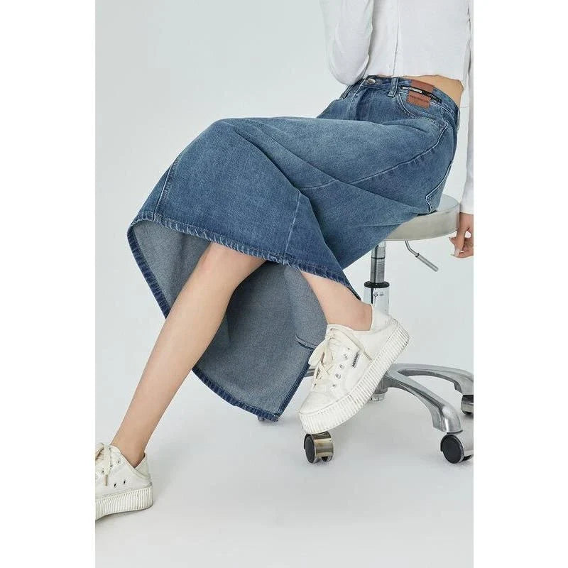Classic Blue A-Line Midi Denim Skirt with premium denim blend and flattering A-line silhouette