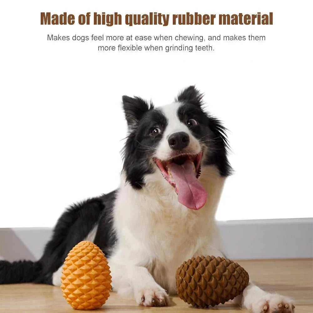 Sustainable pineapple-inspired dog chew toy with textured surface for dental cleaning and treat-dispensing design for mental stimulation