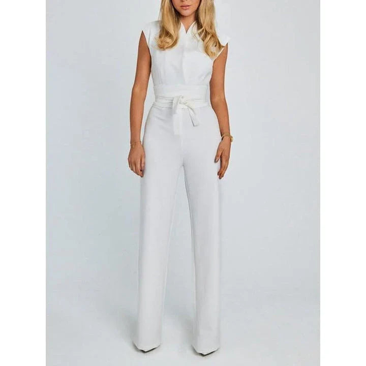 Elegant V-Neck Sleeveless Wide-Leg Jumpsuit in Khaki color, featuring a high-waist silhouette and lace-up detail for a refined, versatile look.