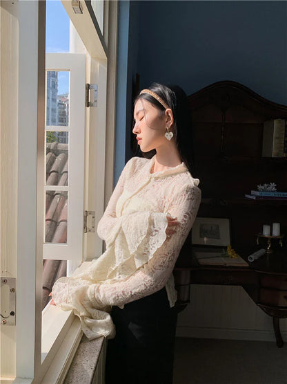 Lace patchwork shirt with ruffled sleeves in a beige color, perfect for casual and formal occasions