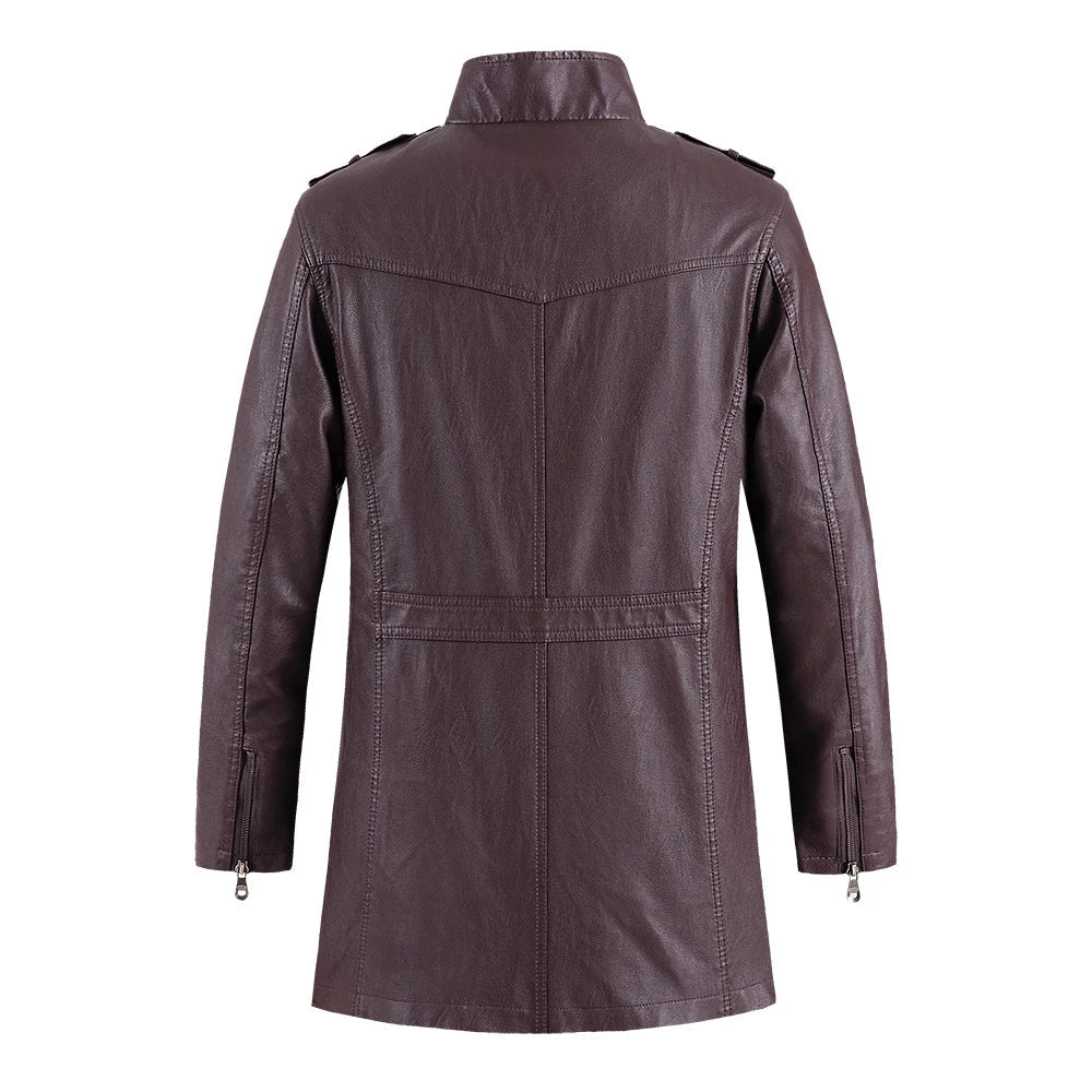 A stylish leather jacket with a standing collar, designed for the modern Kiwi man's casual and formal wear needs.