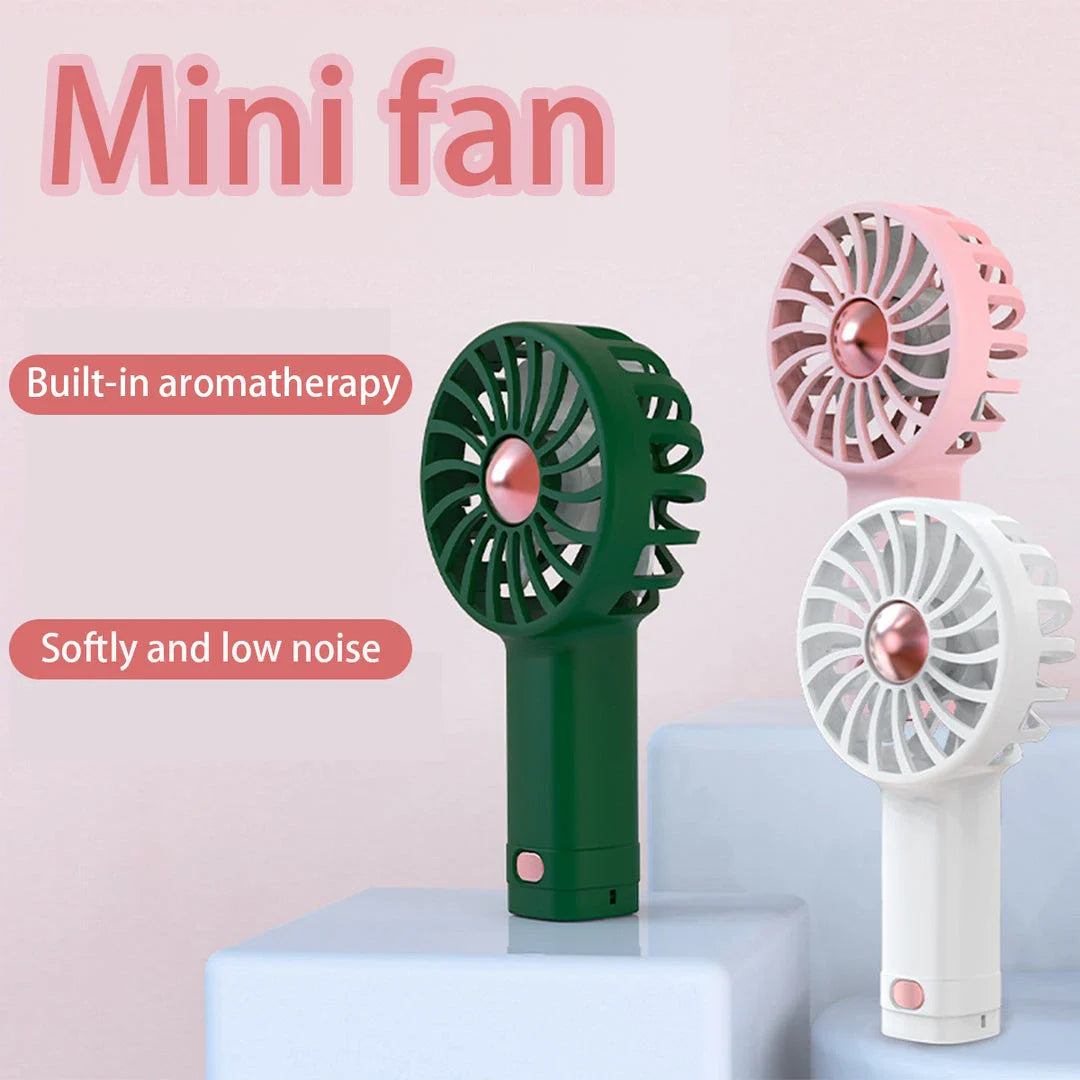 Compact USB-Powered Portable Mini Fan with powerful airflow, silent operation, and built-in aromatherapy