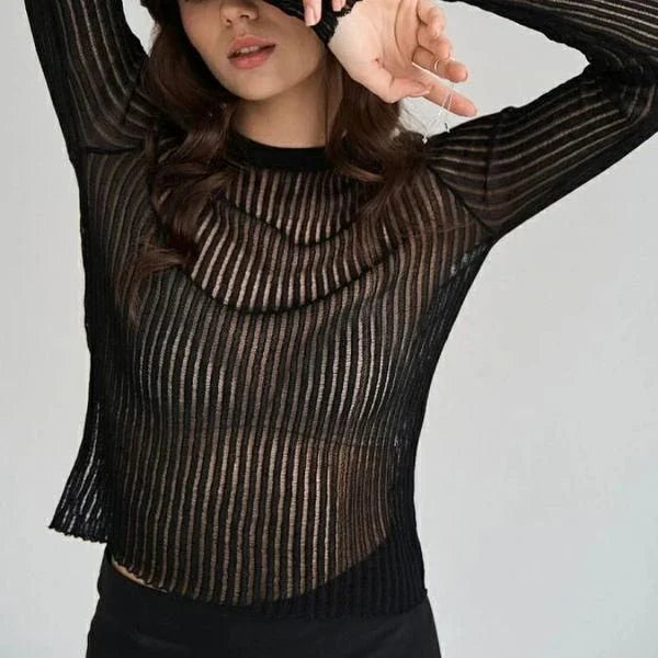 Stylish striped long sleeve see-through top for women in a flattering slim fit with a unique hollow-out decoration