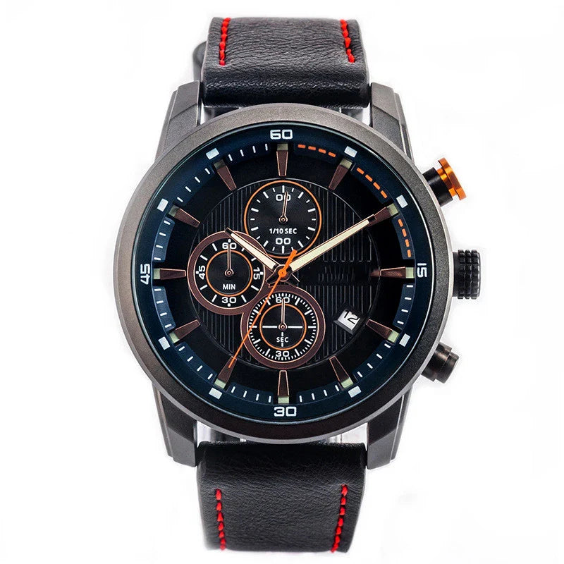 Stylish leather sports watch with single calendar movement and water-resistant alloy case