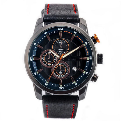 Stylish leather sports watch with single calendar movement and water-resistant alloy case